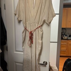 Cream Jumpsuit with Coral Belt